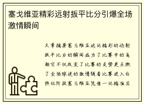 塞戈维亚精彩远射扳平比分引爆全场激情瞬间